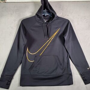 Nike Hoodie Womens M Black Gold Center Swoosh Logo Therma Fit Fleece Performance